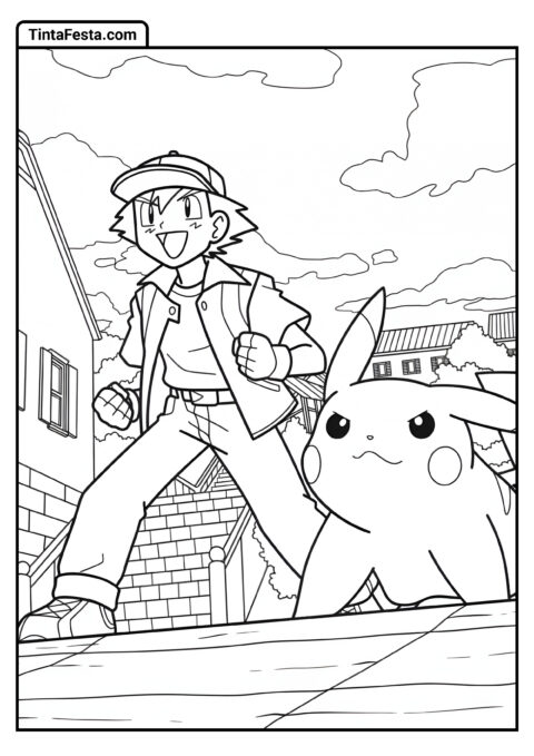 Página Detalhada para Colorir de Ash e Pikachu