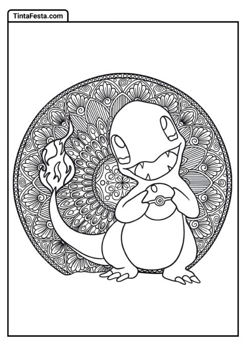 Charmander Segurando Pokebola Mandala para Colorir