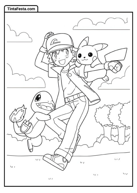 Personagem Ash com Pikachu e Charmander