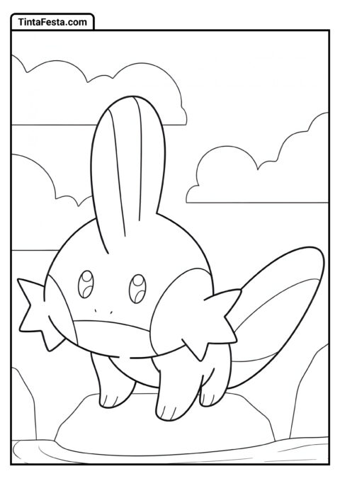 Mudkip Adorável em Pé sobre a Rocha para Colorir