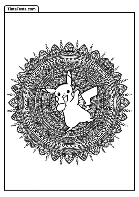 Pikachu Acenando Mandala de Flores para Colorir