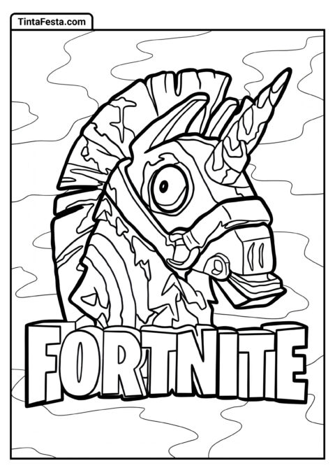 Página para Colorir de Lhama e Logo do Fortnite