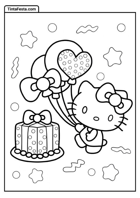 Feliz Aniversário Hello Kitty Página para Colorir