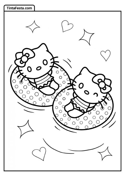 Página para Colorir de Hello Kitty e Mimmy na Piscina