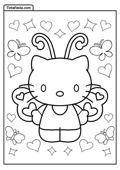 Página para Colorir de Hello Kitty com Asas de Borboleta