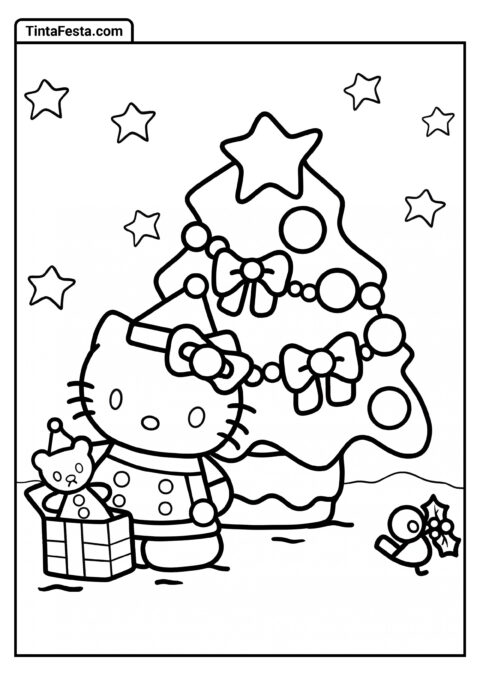 Hello Kitty com Presente e Árvore de Natal para Colorir