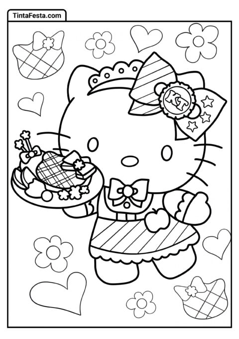 Hello Kitty Garçonete Servindo Bolo Página para Colorir