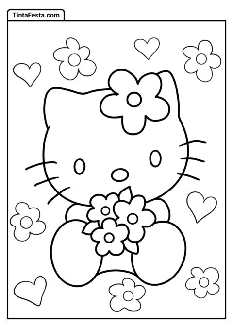 Contorno de Hello Kitty Segurando Flores