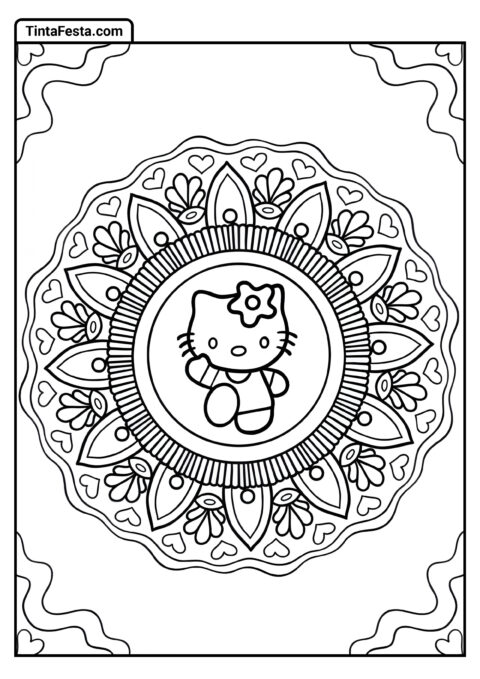 Página Simples de Mandala Hello Kitty para Colorir