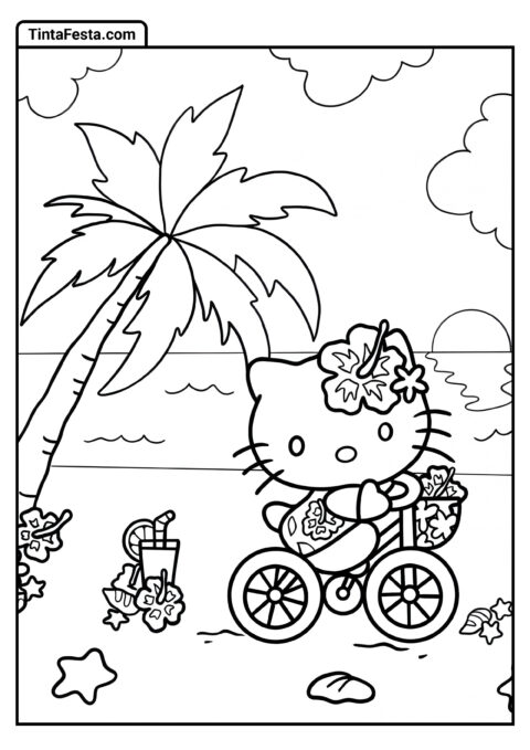 Hello Kitty Andando de Bicicleta na Praia para Colorir