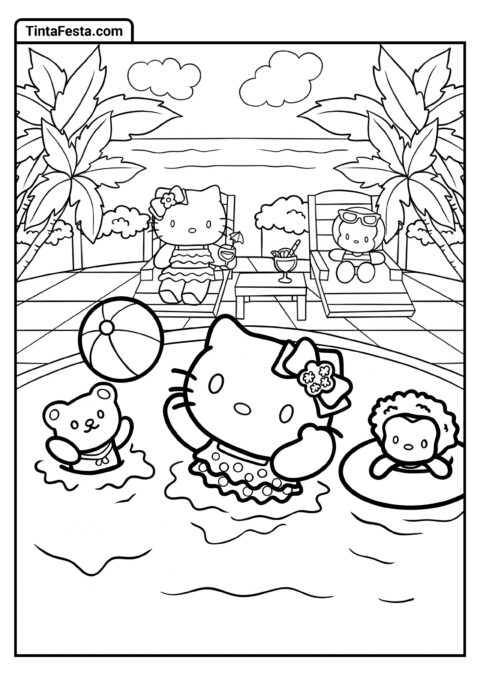 Hello Kitty Brincando na Piscina com Amigos