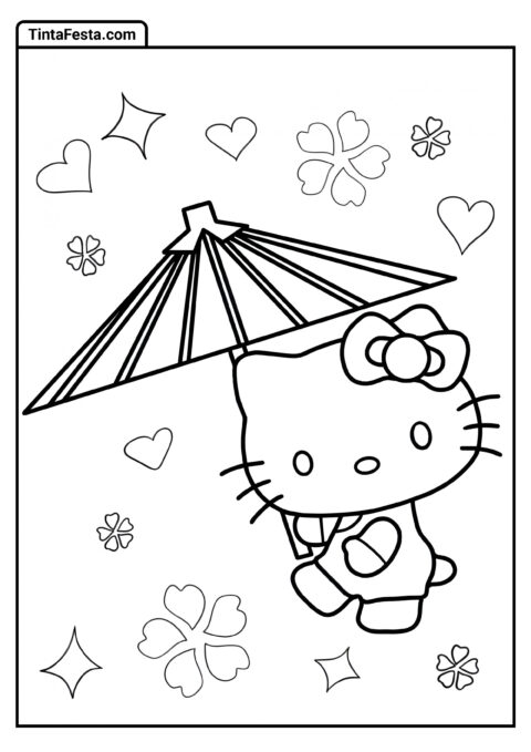 Hello Kitty Usando Sombrinha para Colorir