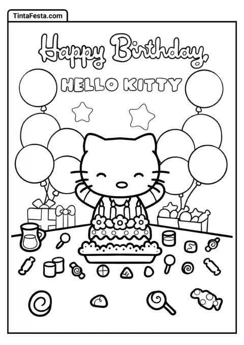 Hello Kitty Feliz Aniversário Saudação para Colorir