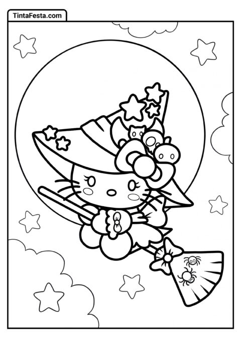 Página de Halloween da Bruxa Hello Kitty para Colorir