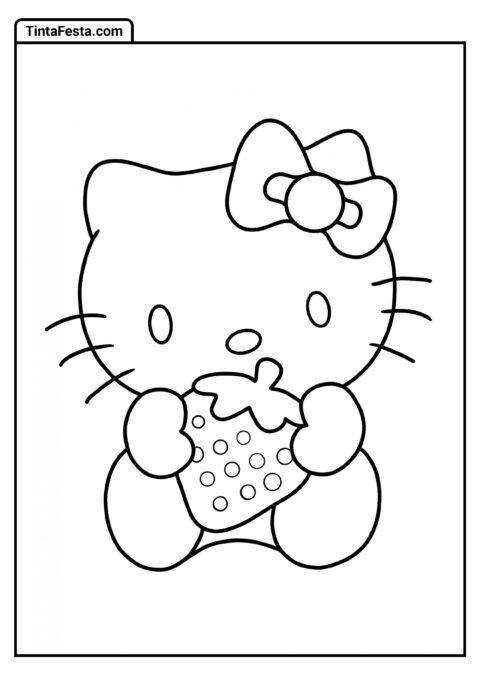 Página para Colorir de Hello Kitty Segurando Morango