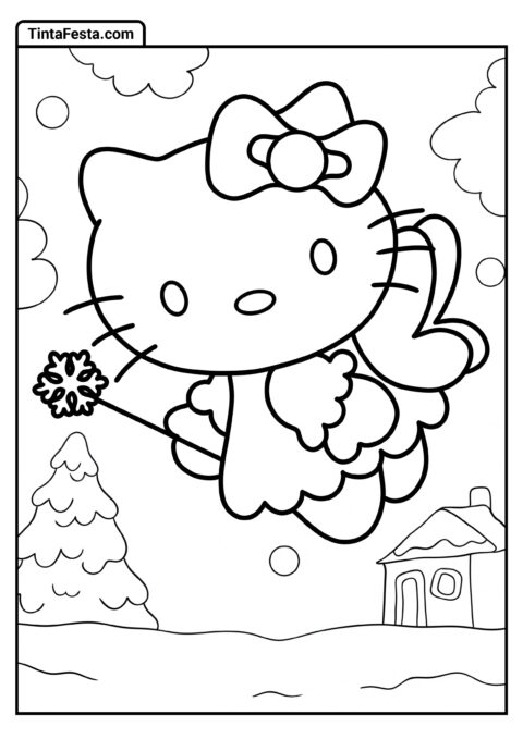 Página para Colorir de Hello Kitty Fada de Inverno