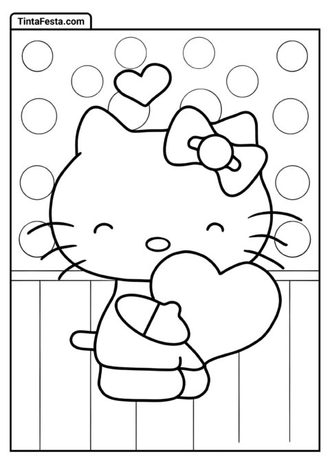 Página Fofa para Colorir de Hello Kitty Segurando Coração