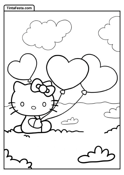 Página para Colorir de Hello Kitty Segurando Balões de Coração