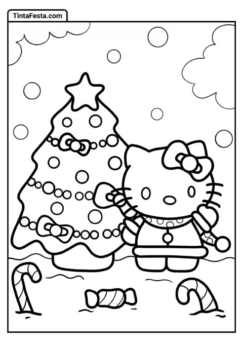 Página de Natal Hello Kitty para Colorir