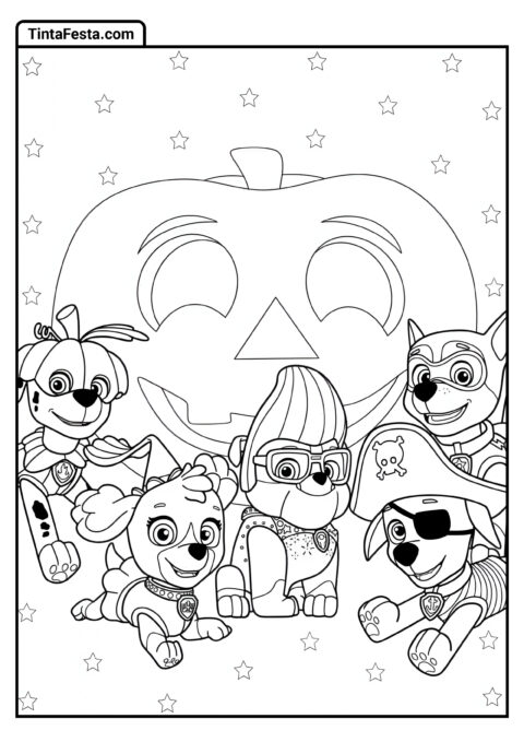 Página de Halloween da Patrulha Canina com Abóbora para Colorir