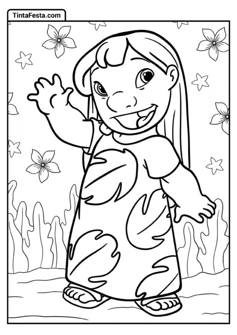 Desenho Simples da Lilo Usando Vestido Vermelho para Colorir