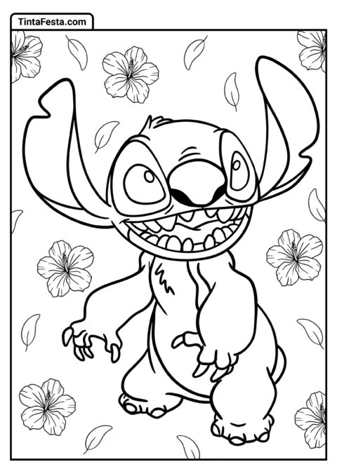 Desenho Simples do Stitch com Flores para Colorir