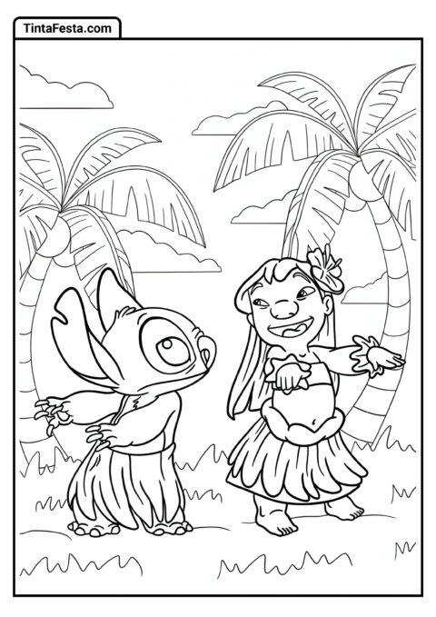 Lilo Mostrando ao Stitch como Dançar Hula para Colorir