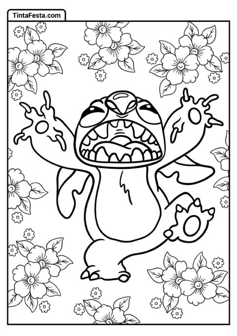 Stitch Assustador com Flores de Hibisco para Colorir