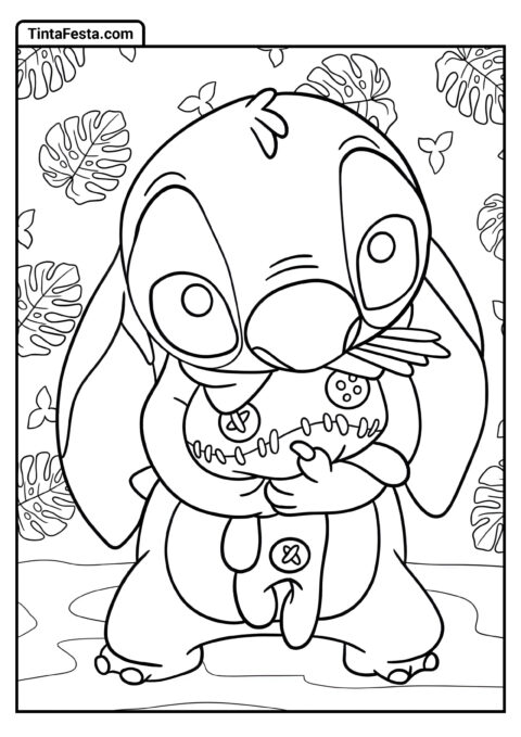 Stitch Abraçando a Boneca Scrump para Colorir