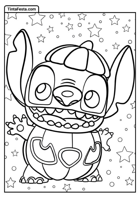 Stitch de Halloween Kawaii com Abóbora para Colorir