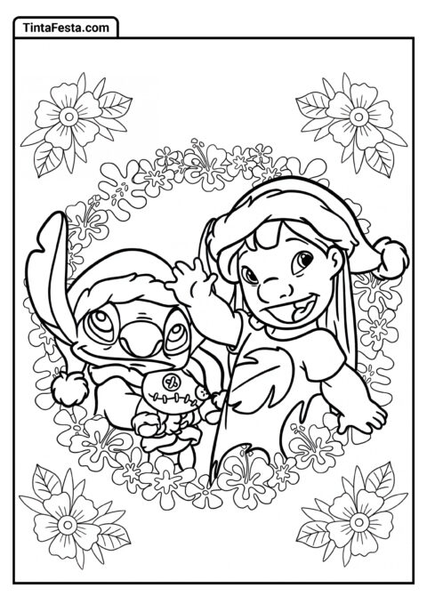 Página de Natal com Lilo e Stitch para Colorir