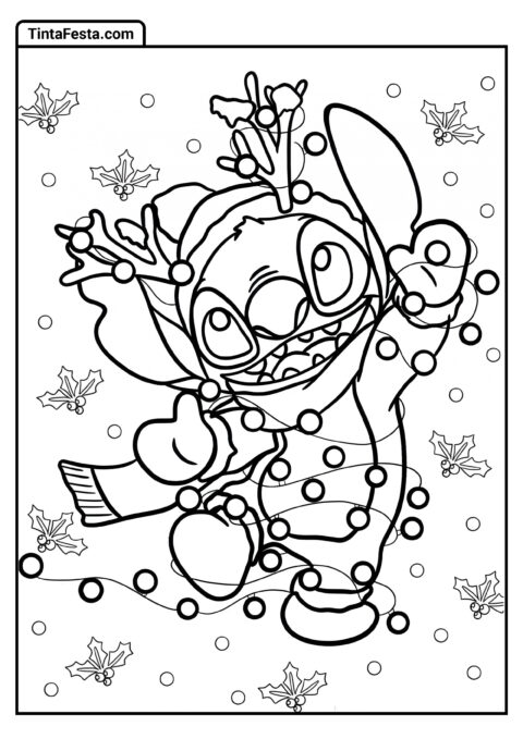 Stitch Emaranhado em Luzes de Natal para Colorir