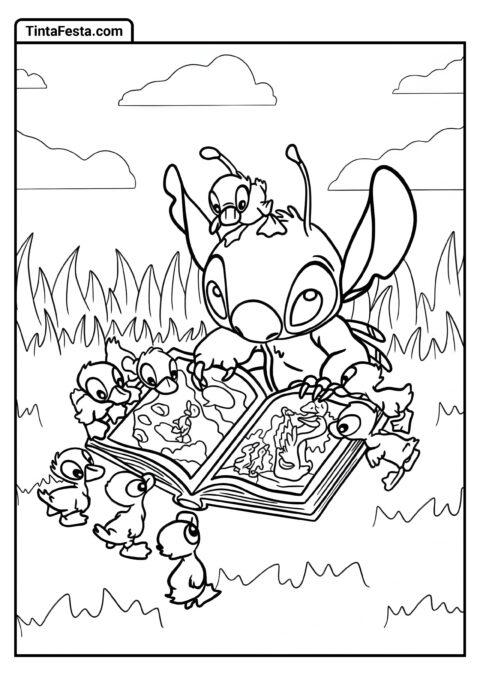 Stitch Lendo um Livro para Patinhos para Colorir