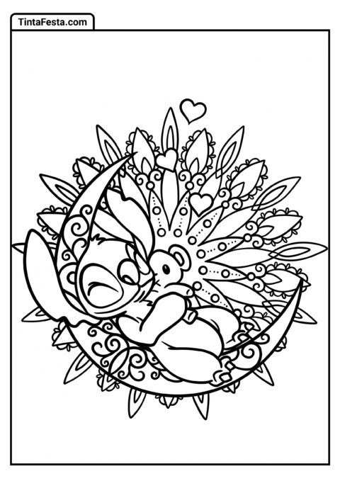 Página de Colorir de Lilo & Stitch Dormindo em uma Mandala de Lua Crescente