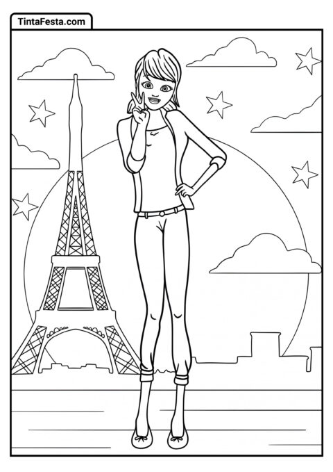 Desenho para Colorir da Ladybug: Em Frente à Torre Eiffel à Noite