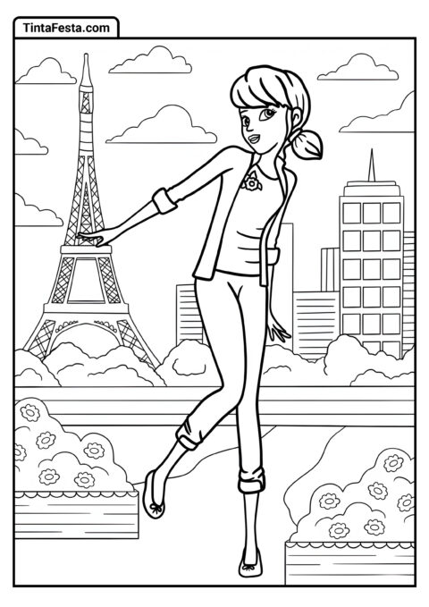 Desenho para Colorir da Ladybug: Marinette Dupain Cheng em Paris