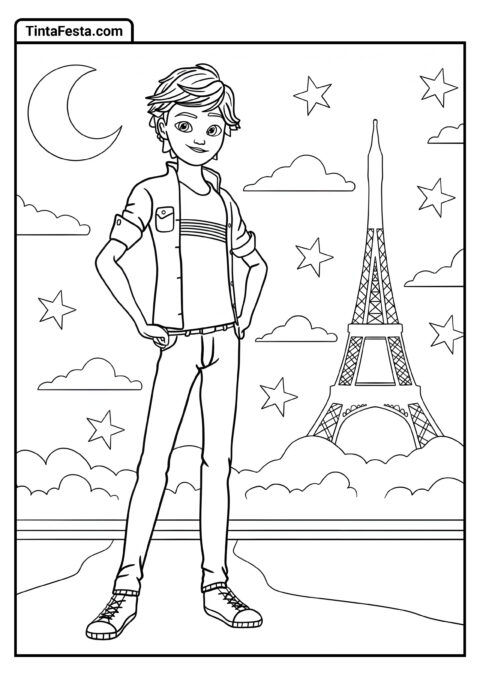 Desenho para Colorir da Ladybug: Adrien Agreste em Frente à Torre Eiffel