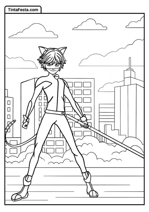 Desenho para Colorir da Ladybug: Cat Noir Sorridente com Bastão