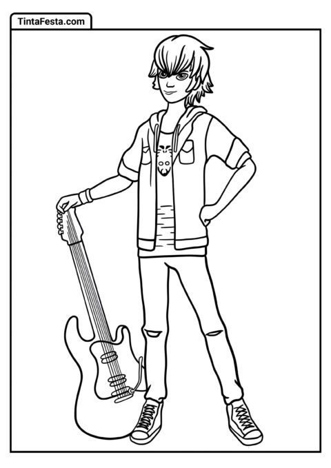 Desenho para Colorir da Ladybug: Luka Couffaine com Guitarra Elétrica