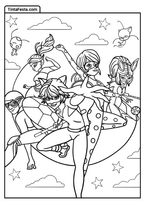 Desenho para Colorir: Cat Noir, Rena Rouge, Queen Bee, Carapace e Ladybug