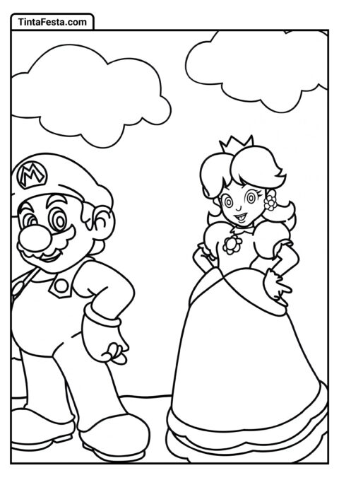 Folha Para Colorir de Peach e Mario