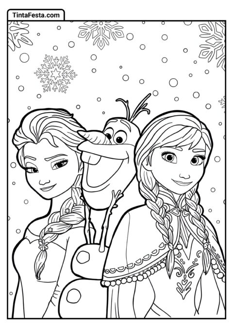 Página para colorir Elsa, Anna e Olaf