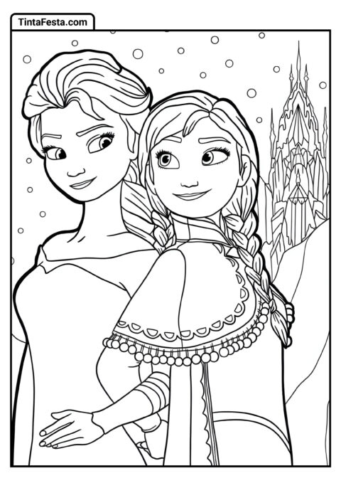 Elsa e Anna com o castelo para colorir