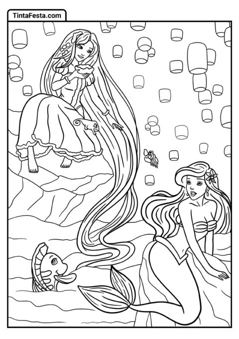 Desenho para Colorir da Princesa Disney de Rapunzel e Ariel