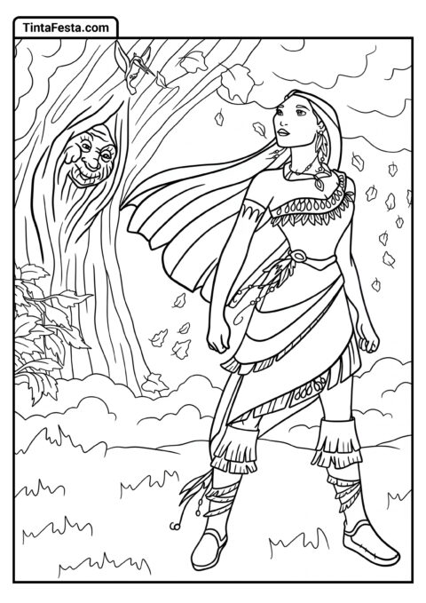 Desenho para Colorir da Princesa Disney de Pocahontas com Vovó Willow