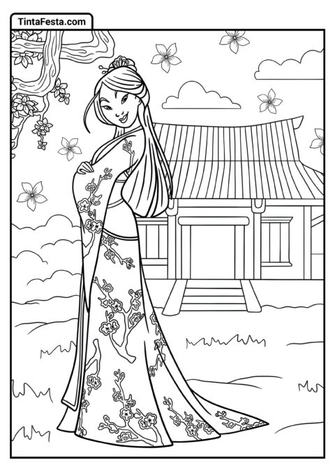 Desenho para Colorir da Princesa Disney de Mulan em Seu Jardim