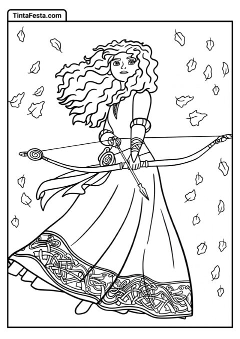 Desenho para Colorir da Princesa Disney de Merida Segurando Arco e Flecha