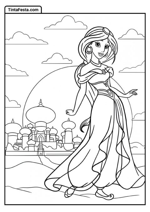 Desenho para Colorir da Princesa Disney de Jasmine Fora do Palácio