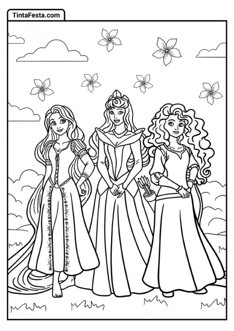 Desenho para Colorir da Princesa Disney de Rapunzel, Aurora e Merida