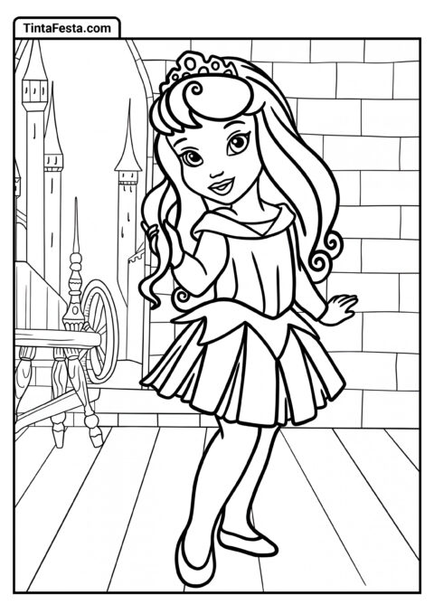 Desenho para Colorir da Princesa Disney de Bela Adormecida Fofa no Castelo